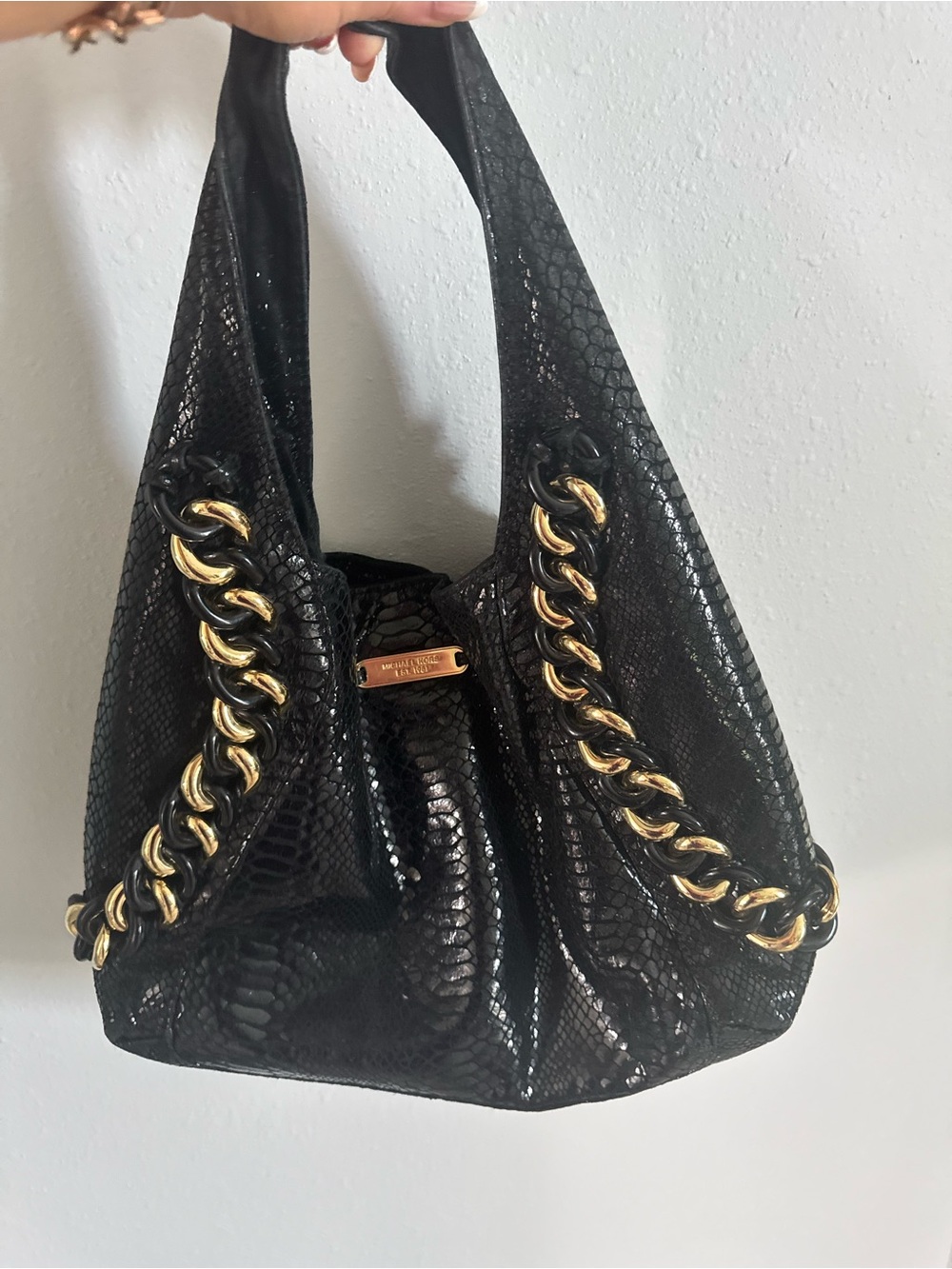 Michael Kors Black Snake-Embossed Shoulder Bag with Gold Chain